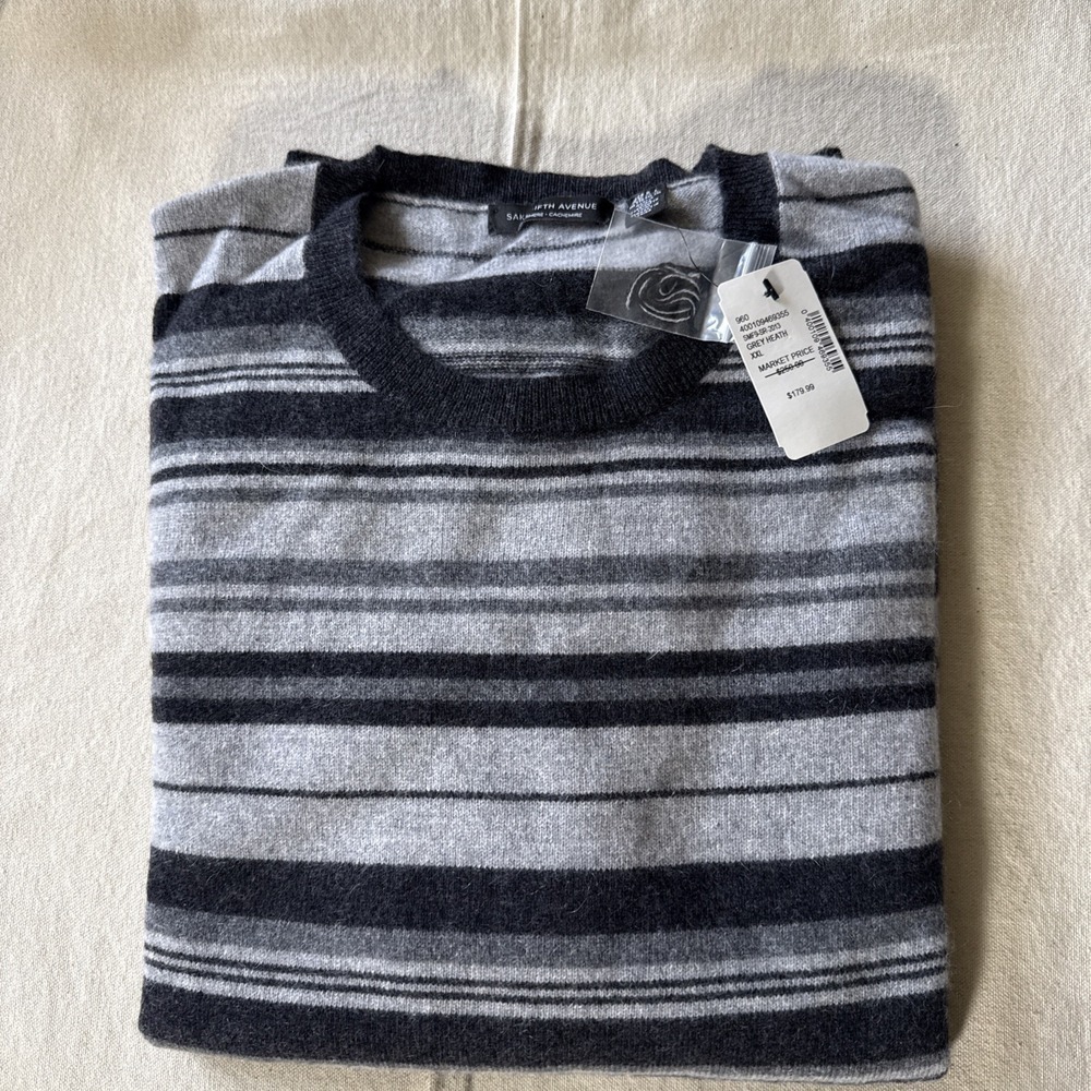 Saks Fifth Avenue Cashmere Sweater Mens XXL Grey Heath Striped- NWT